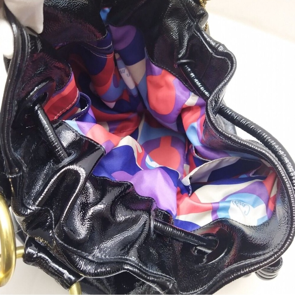 Coach Glossy Black Shoulder Bag HOBO drawstring with Gold Details.LEATHER. - Picture 7 of 14
